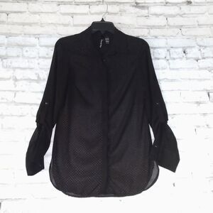 Fun & Flirt Blouse Womens Small Black Semi Sheer Studded Button Up Roll Tab 90's